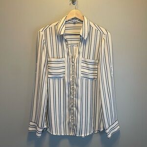 Express Sheer Long Sleeve Cream White Black Striped Button Down Shirt